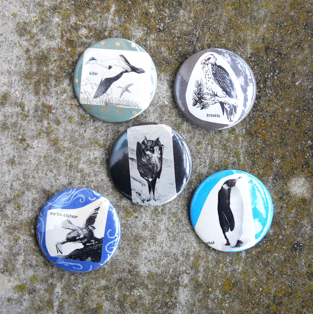Badges 44mm récup de papiers d'un dictonnaire Larousse de 1971 - Oiseaux et volants divers