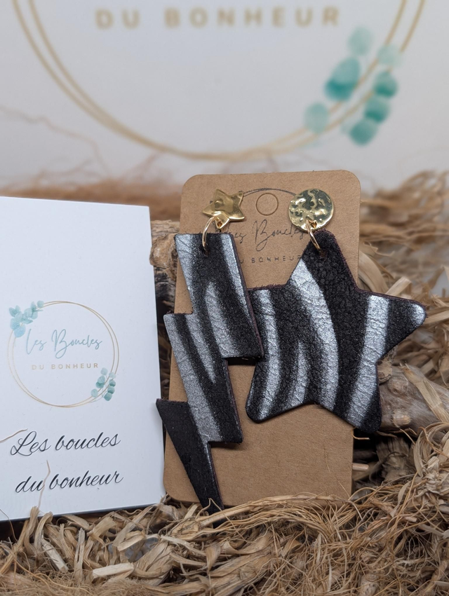 Boucles d&#039;oreilles Asymétrique zèbre argenté noir zk004