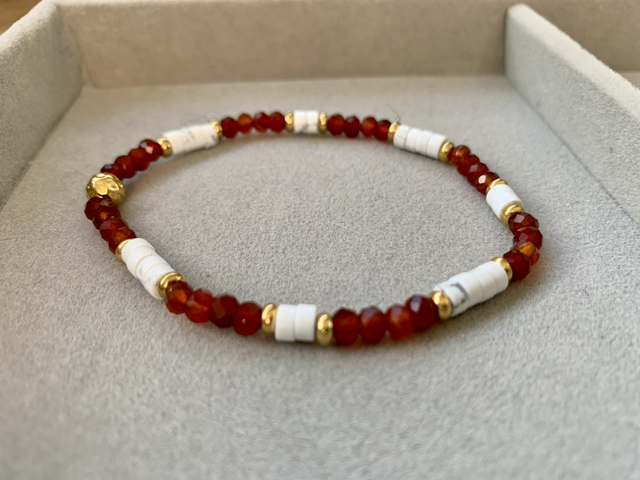 Bracelet Agate Rouge Cornaline et Howlite - Perles de 4mm