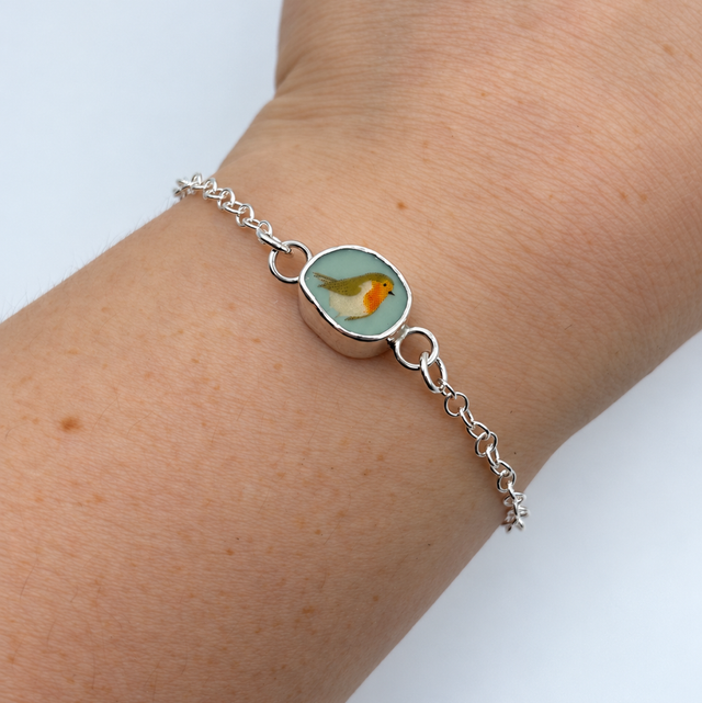 Recycled Pottery “Robin” & Recycled Silver Bracelet