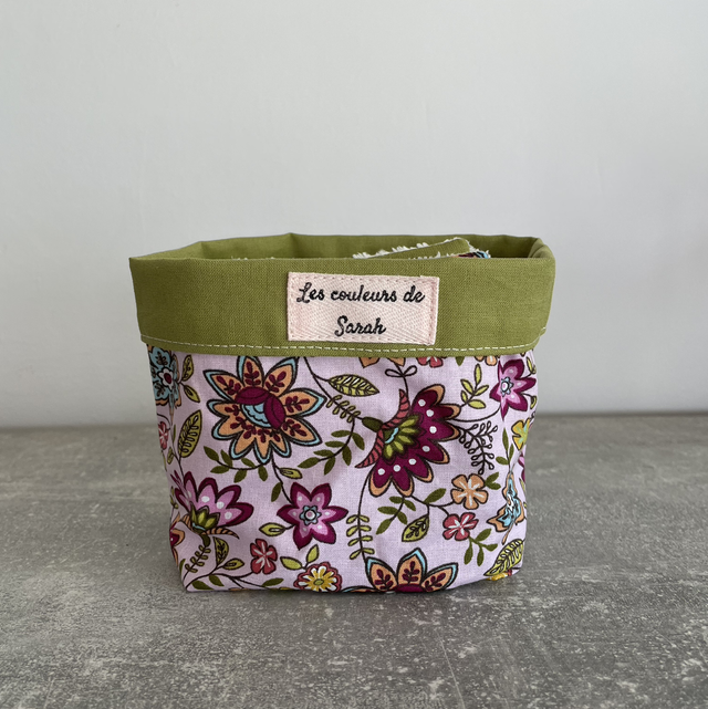 Lingettes lavables et Pochon vert et fleurs indiennes rose 