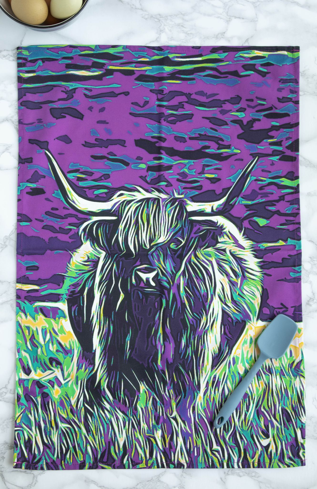 Purple Highland Coo Tea Towel
