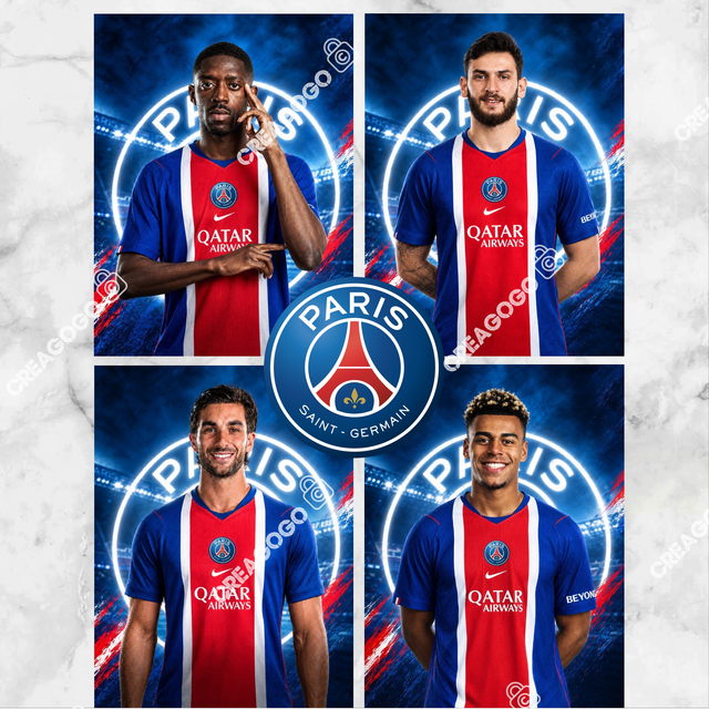 Lot de 4 affiches poster football PSG Paris Saint Germain Dembélé Doué Torres Kvaratskhelia - Cadeau unique champions 2 étoiles format A4 21x29,7cm