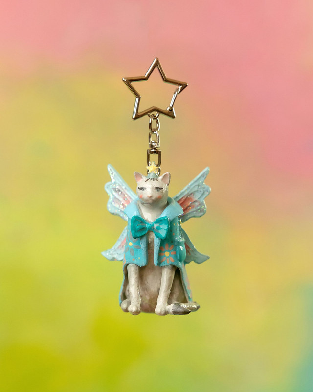 Porte-clés "Tim le chat-fée" (modèle ailes roses et bleues)
