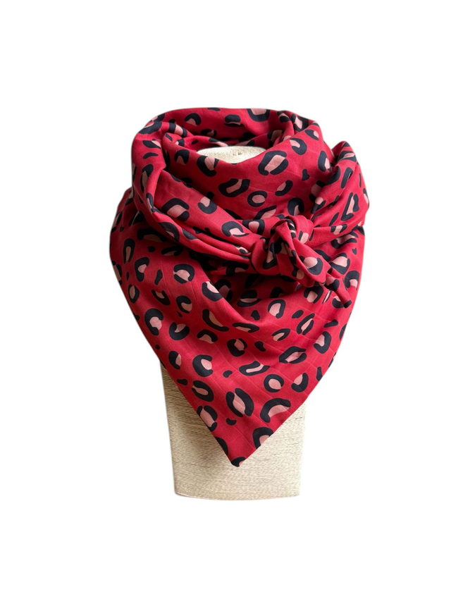 Foulard triangle - LEOPARD rouge et rose
