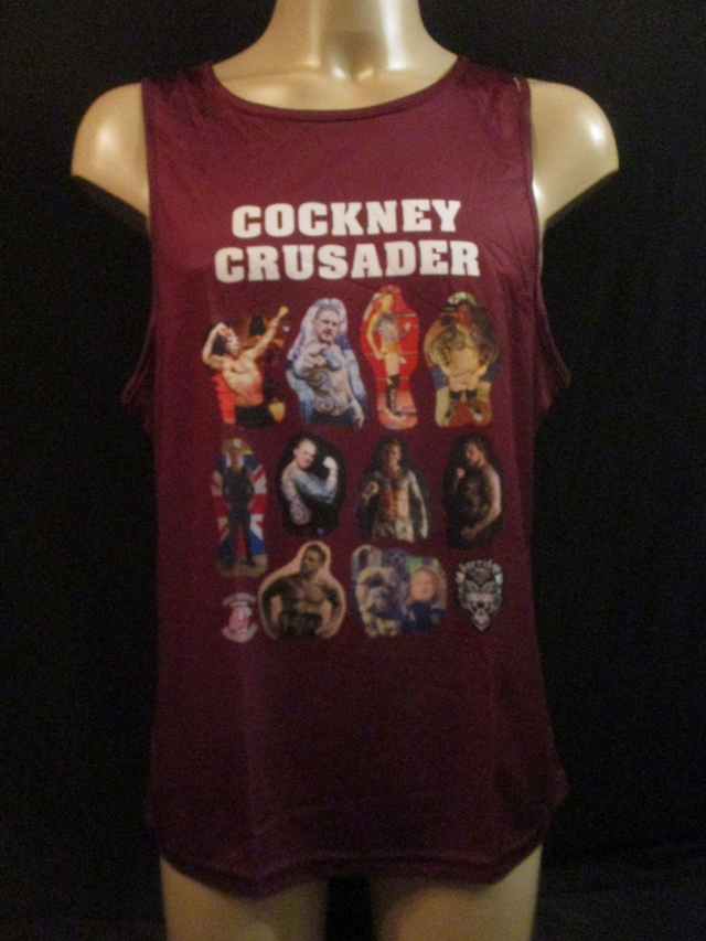 Greg Burridge 'Cockney Crusader' Wrestler Picture T-Shirt (White Bubble Logo) ADULT 100% Polyester Crew Neck PLUM (Large) Vest Top