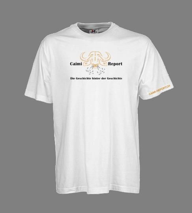 T-Shirt, weiss, Unisex, Caimi-Report, schnaubender Büffel, «Die Geschichte hinter der Geschichte»