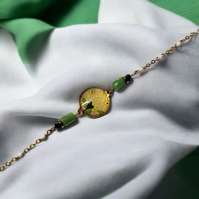 bracelet acier inoxydable motifs japonais vert et doré