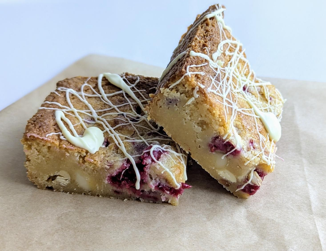 New! White Chocolate, Macadamia & Raspberry Blondies