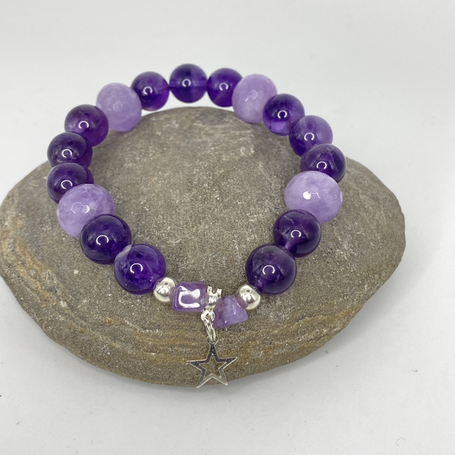 Handmade Amethyst & Sterling Silver Star Charm Elasticated Bracelet 