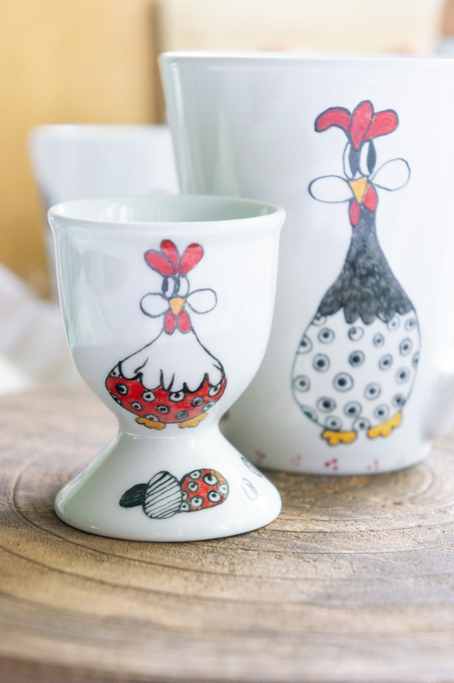 Mug et coquetier en céramique poules rigolotes, création fait-main, tasse à café et coquetier personnalisables, idées cadeaux pour tous