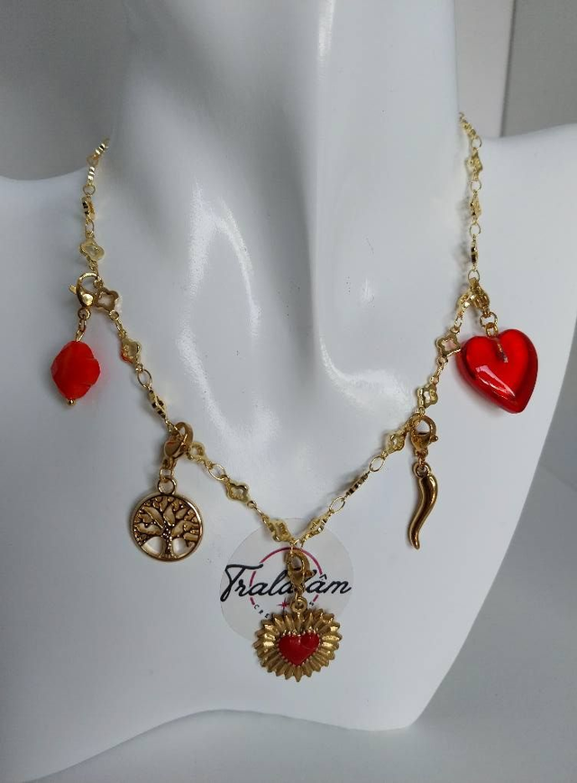 ✨Collier à breloques porte-bonheur &quot;❤️coeur émail rouge + ❤️en verre&quot;✨