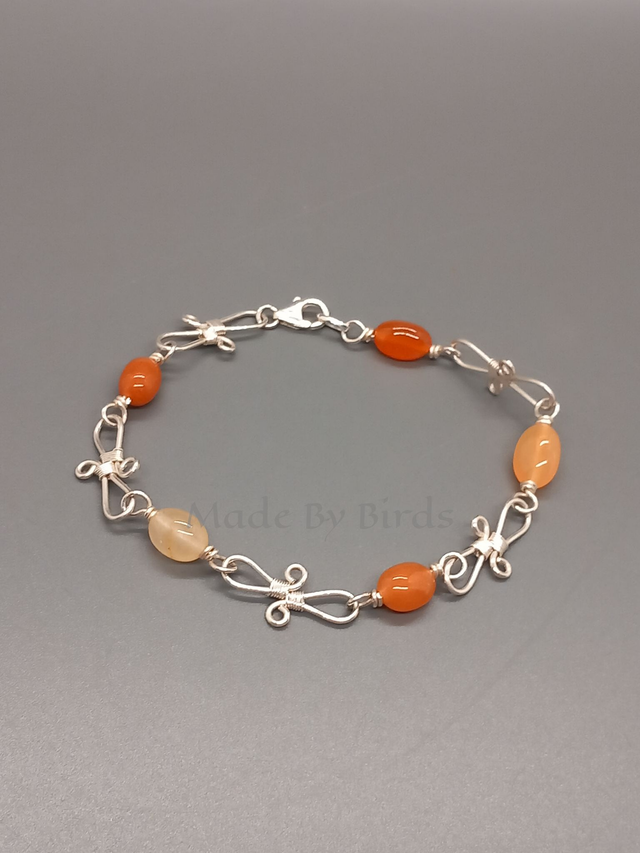 Carnelian Bead Scroll Style Weave Sterling Silver Bracelet