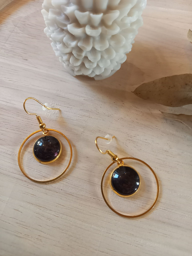 Boucles d&#039;oreilles Cabochon - cercle - noir reflets