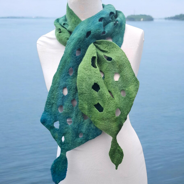 Green and Teal Felted leaf style scarf 
