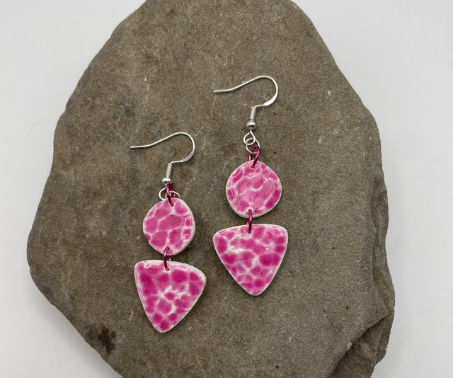 Pink double drop crackle earrings