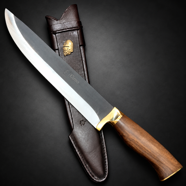 Faca Churrasco Elmo Brut Forge Cabo Madeira Nobre Bainha 9 Pol