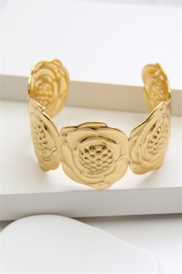 Bracelet jonc doré en acier inoxydable – Fleur en relief