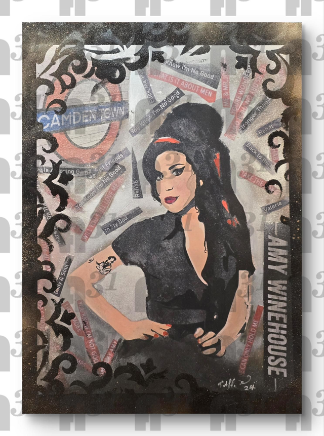 411.  Amy Winehouse stenciled art print. 