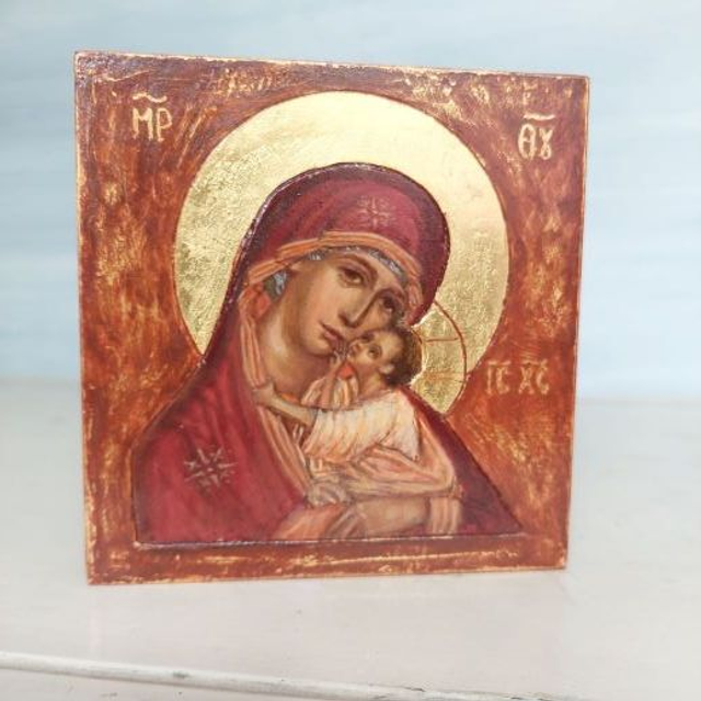 Ikona Matki Bożej z Jezusem - Eleusa 11x11x2,5 na desce lipowej