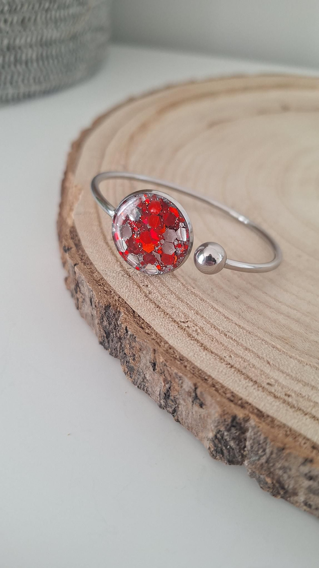 Jonc Rond argenté paillettes rouges et argentées