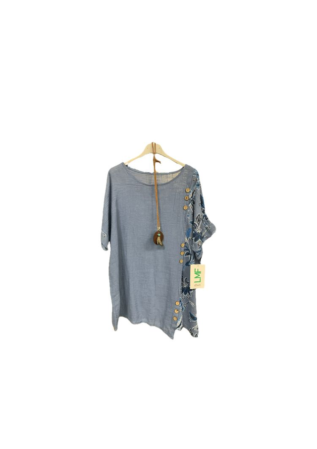 LMF - Blue Linen Top with Flowery Panel and Buttons to Left Side - Free Size  - 120