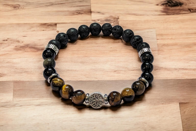Ancrage / Bracelet Œil de Tigre, Obsidienne noire et Pierre de Lave - 8 mm