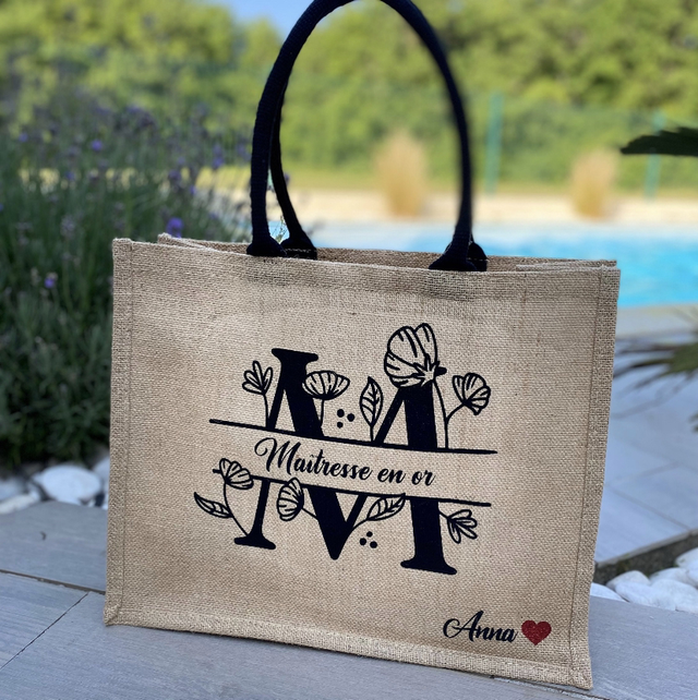 Sac en jute personnalisé pour Maîtresse, Atsem, Nounou