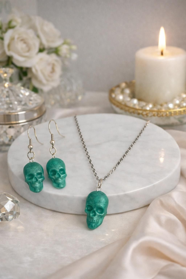 Parure boucle d'oreille et pendentif SKULL turquoise 