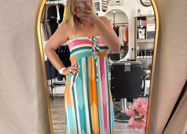 Robe longue bustier bleu orange rose 