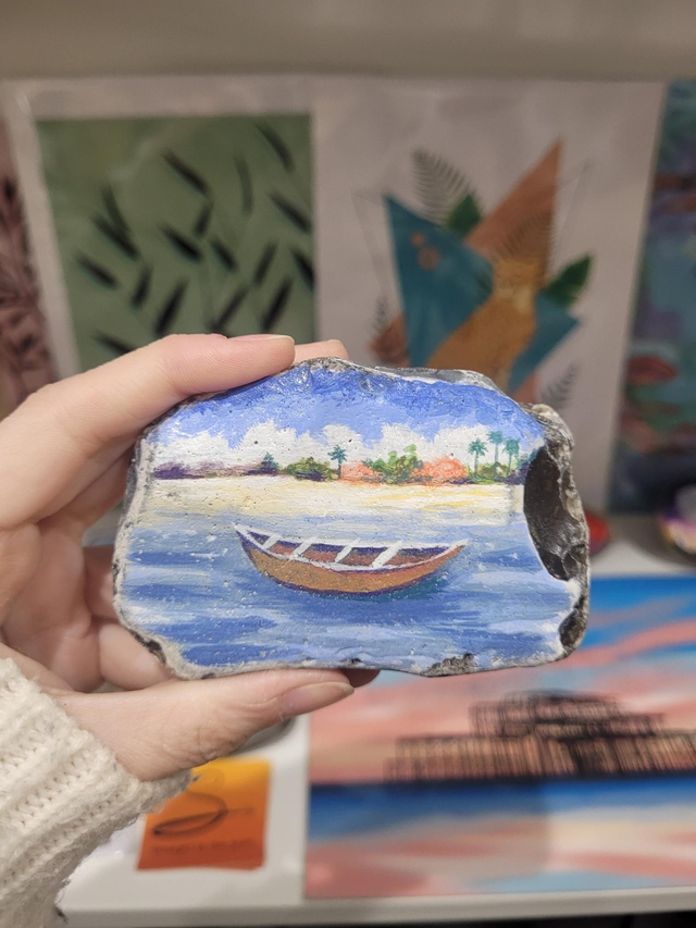 Tropical Beach With Wooden Boat Pebble - NW-312