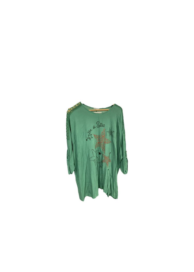 LMF - Green Linen Top with Crotchet Detail to Sleeve and Stars to Front -257