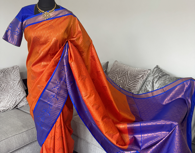 🧡 Orange &amp; Royal Blue Silk Pattu Saree – Festive Collection