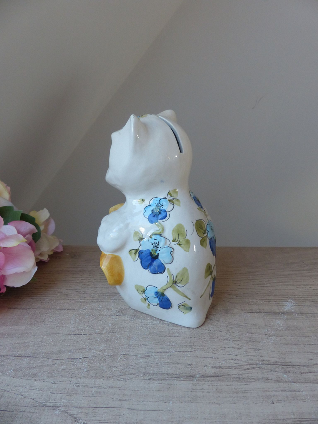 Ancienne tirelire Hibou savant décor floral Italie, Statuette Hibou avec rouleau de Parchemin, Idée Cadeau Projet, Cagnotte Etudiant Diplôme