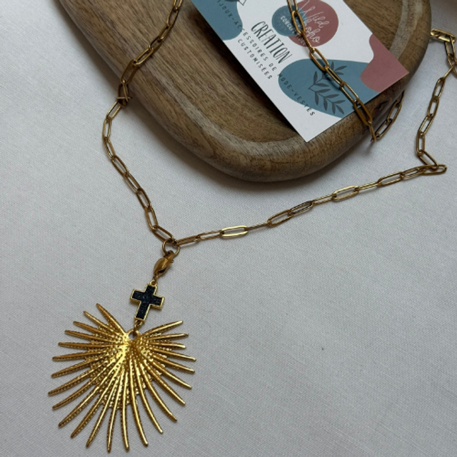 Collier long, croix noir, maxi ex voto
