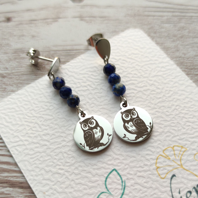 Boucles d&#039;Oreilles Hiboux &amp; Lapis Lazuli