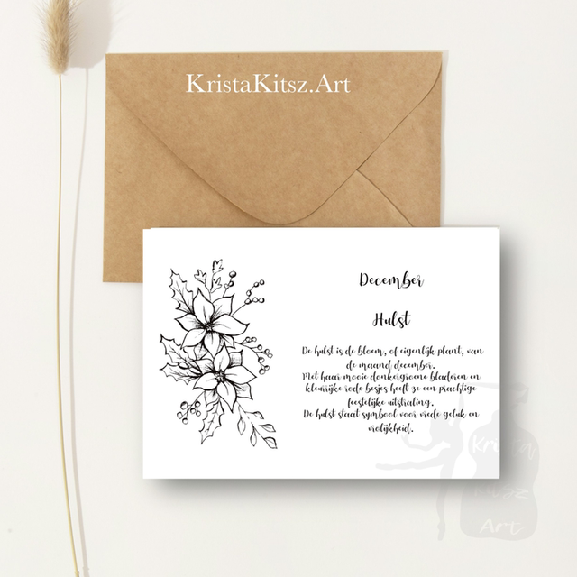 Ansichtkaart December Hulst met tekst | inclusief envelop of postkaart | zwart wit tekening illustratie
