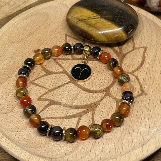 🌺♈️🍁Bracelet Signe Bélier Cornaline, Oeil de tigre, Grenat