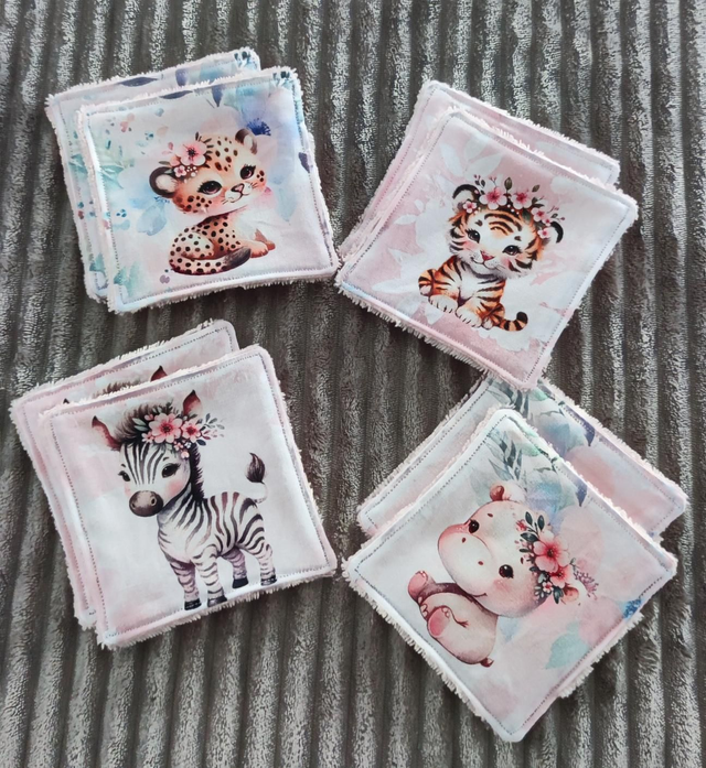 Lingettes lavables x8 bébés animaux fleurs 