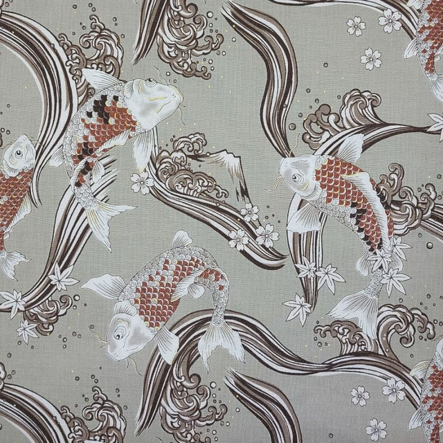 Tissu Japonais Motifs Carpes beige doré