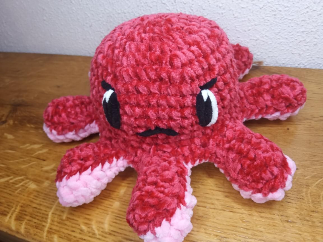 Poulpe réversible en peluche – Rose & Rouge – Humeur joyeuse ou boudeuse