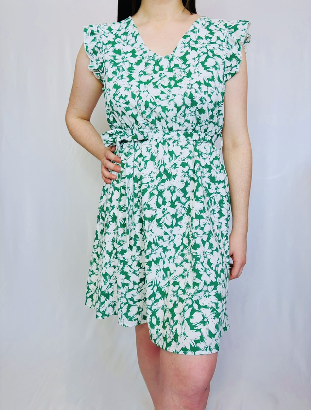 Robe Courte Motifs Floraux Verts et Blancs Léa