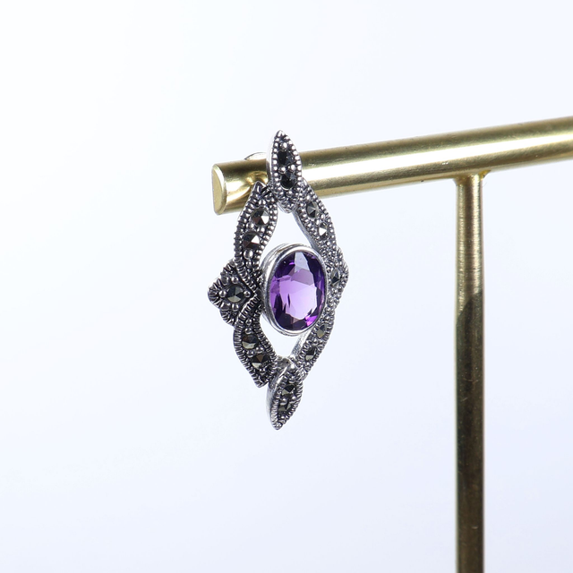 Art Deco Style Sterling Silver 925 Oval Cut 1ct Rich Deep Purple Amethyst Marcasite Gemstone February Birthstone Diamond Shape Design Stud Earrings