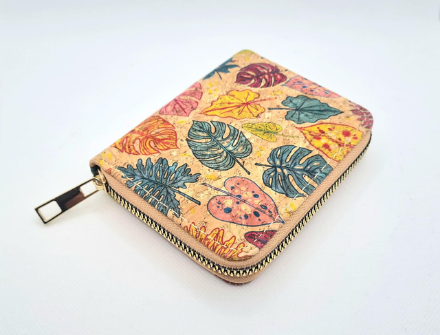 Petit porte-monnaie en liège imprimé "monstera" colorées avec fermeture zip

