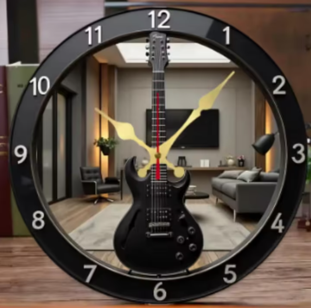 Ronde wandklok van hout Elektrisch Gitaar zwart (25cm)