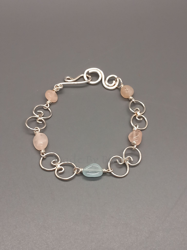Hand Forged Sterling Silver Bracelet With Morganite Beads and Swirl Elements