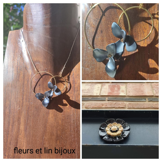 Z- Collier fleurs noires et cercles dorés en acier inoxydable monté sur fil de lin avec chaîne d&#039;extension 