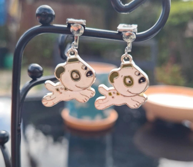 Dog Earrings Enamel White Brown Clip Ons