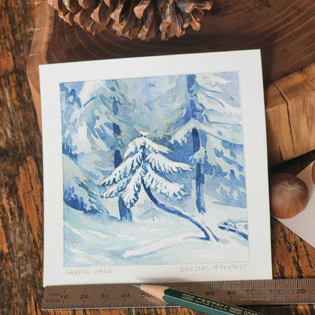 Aquarelle Originale - Scène hivernale, le sapin