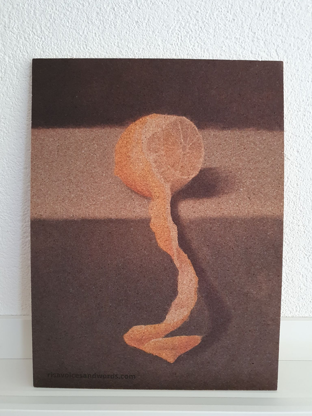 One available! Beautiful natural art of a peeled lemon on cork 30 x 40 cm